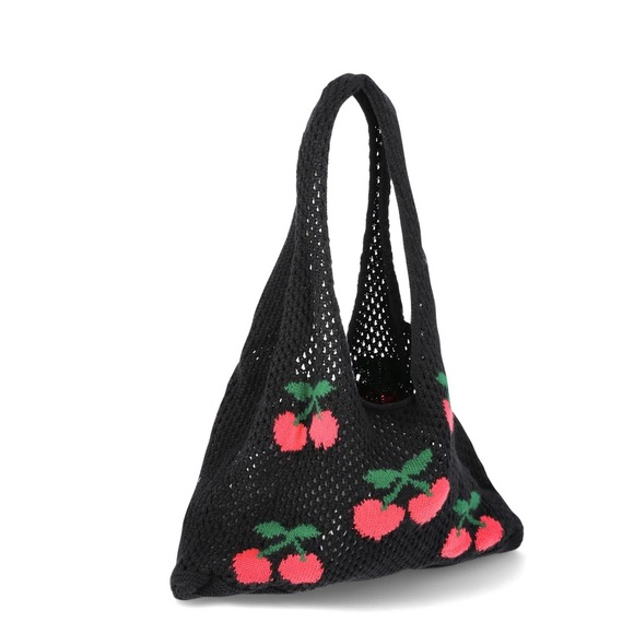Women Black Crochet Shoulder Tote Bag Boho Summer Cherrycore Festival Hippie 70s - Picture 3 of 6